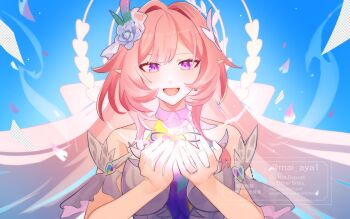 1girl absurdres amphoreus_(honkai:_star_rail) bare_shoulders blue_background blue_sky breasts commentary_request cyrene_(honkai:_star_rail) cyrene_(ripples_of_past_reverie)_(honkai:_star_rail) diamond-shaped_pupils diamond_(shape) dress flower hair_flower hair_intakes hair_ornament halo highres honkai:_star_rail honkai_(series) large_breasts long_hair mai_aya1 mobius_strip open_mouth pink_hair pointy_ears purple_eyes sky smile solo symbol-shaped_pupils very_long_hair white_dress