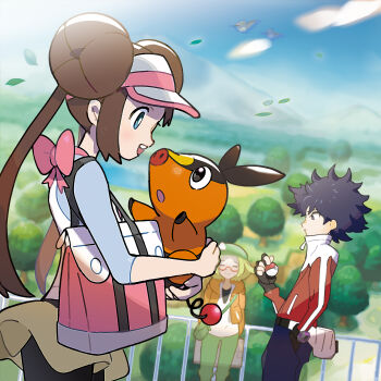 1boy 2girls :d absurdres bag bianca_(pokemon) black_legwear blue_eyes bow bright_pupils brown_hair cloud commentary_request day double_bun gen_4_pokemon gen_5_pokemon glasses green_pants hair_bun hat hat_bow highres holding holding_poke_ball holding_pokemon hood hooded_jacket hugh_(pokemon) jacket long_hair multiple_girls nintendo official_art open_clothes open_jacket open_mouth orange_jacket outdoors pants pantyhose pantyhose_under_shorts pink_bow poke_ball poke_ball_(basic) pokemon pokemon_(creature) pokemon_bw2 raglan_sleeves red-framed_eyewear rosa_(pokemon) semi-rimless_eyewear shirt short_shorts shorts sky smile starly teeth tepig three-quarter_sleeves twintails upper_teeth_only v-neck visor_cap white_bow white_pupils white_shirt yellow_shorts