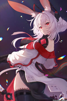 1girl absurdres animal_ears ass black_collar black_gloves black_shirt black_thighhighs breasts chaos_zero_nightmare coat collar fleet-foot from_side gloves gun highres holding holding_gun holding_weapon large_breasts looking_at_viewer rabbit_ears red_eyes selena_(chaos_zero_nightmare) shirt thigh_strap thighhighs thighs weapon white_coat white_hair