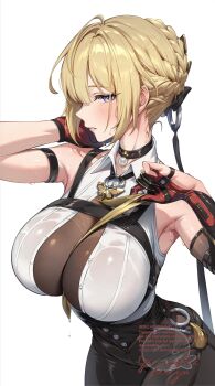 1girl absurdres arm_behind_head arm_strap armpits bare_shoulders between_breasts black_choker black_gloves black_pants blonde_hair blush breasts chest_harness choker collared_shirt elbow_gloves evelyn_chevalier gloves gomashio_ponz hair_up harness high-waist_pants highres huge_breasts long_ribbon necktie necktie_between_breasts o-ring pants parted_lips partially_fingerless_gloves pulling_own_clothes purple_eyes red_gloves revision ring_hair_ornament shirt short_hair sidelocks simple_background single_elbow_glove sleeveless sleeveless_shirt solo sweatdrop two-tone_gloves upper_body white_background white_shirt yellow_necktie zenless_zone_zero