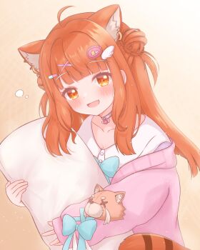 1girl absurdres ahoge animal_ear_fluff animal_ear_piercing animal_ears bandaid bandaid_hair_ornament blush choker collarbone ear_piercing gradient_background hair_ornament highres holding hug matcha_november nijisanji orange_eyes orange_hair piercing pillow raccoon_tail ratna_petit red_panda red_panda_ears red_panda_girl red_panda_tail sidelocks striped_tail tail two_side_up virtual_youtuber wing_hair_ornament x_hair_ornament