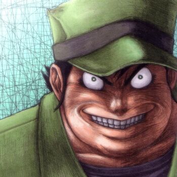1boy black_hair blue_background bright_pupils crazy_grin fat fat_man field_cap getter_robo green_eyes green_hat grin hat military_hat military_uniform musashi_tomoe portrait shin_getter_robo short_hair smile teeth white_pupils wrato
