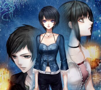 1boy 2girls asou_yuu black_hair blue_eyes breasts brown_eyes choker collarbone earrings fatal_frame fatal_frame_iii:_the_tormented hinasaki_miku jewelry kurosawa_rei looking_at_viewer medium_breasts multiple_girls navel necklace parted_lips short_hair yusa_tk74