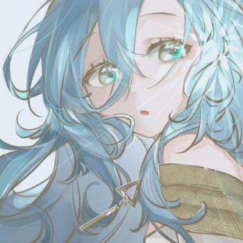 Rule 34 | 1girl, 37 (reverse:1999), :o, ancient greek clothes, bare shoulders, blue eyes, blue hair, chinese commentary, commentary request, from side, greco-roman clothes, grey background, hair between eyes, long hair, looking at viewer, portrait, reverse:1999, solo, toga, turning head, zaoshuhua