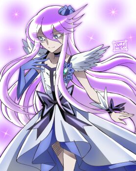 Rule 34 | 1girl, artist name, black bow, black choker, black trim, black wrist cuffs, blue eyes, blue flower, blue gloves, blue rose, bow, brooch, choker, closed mouth, collarbone, commentary, cowboy shot, crossed legs, cure moonlight, cure nico, dress, earrings, elbow gloves, floating hair, flower, flower earrings, frilled dress, frilled wrist cuffs, frills, front slit, gloves, hair between eyes, hair flower, hair ornament, hand on own chest, heart, heart brooch, heartcatch precure!, highres, jewelry, long hair, looking at viewer, magical girl, medium dress, official style, precure, purple background, purple hair, purple theme, rose, short sleeves, single elbow glove, single wrist cuff, smile, solo, sparkle background, split mouth, standing, tsukikage yuri, tsurime, umakoshi yoshihiko (style), very long hair, waist bow, white background, white dress, wrist cuffs