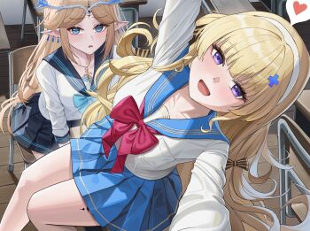 2girls :d absurdres alternate_breast_size_(larger) alternate_costume arms_up black_skirt blonde_hair blue_bow blue_bowtie blue_eyes blue_sailor_collar blue_skirt blush bow bowtie breasts cartethyia_(wuthering_waves) classroom collarbone commentary_request crown_of_thorns desk fleur-de-lis from_above hair_ornament hairband heart highres indoors jewelry korean_commentary large_breasts long_hair long_sleeves looking_at_viewer medium_breasts multiple_girls necklace on_desk open_mouth parted_bangs phoebe_(wuthering_waves) pointy_ears purple_eyes red_bow red_bowtie sailor_collar school_uniform serafuku shirt sidelocks sitting skirt smile soul_(smfa2555) spoken_heart tacet_mark_(wuthering_waves) white_hairband white_shirt wuthering_waves x_hair_ornament