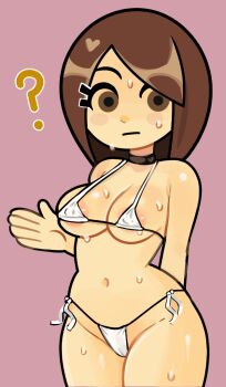 1girl ? alternate_costume areola_slip arm_behind_back bare_shoulders bikini black_choker breasts brown_eyes brown_hair cameltoe choker cleavage commentary covered_erect_nipples cowboy_shot drawfag english_commentary expressionless eyelashes hand_up large_breasts looking_at_viewer medium_hair micro_bikini mii_(nintendo) mii_gunner mii_gunner_(smash_ultimate) navel nintendo no_sclera solo super_smash_bros. sweat swimsuit white_bikini