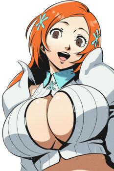 1girl bleach bleach:_sennen_kessen-hen breasts brown_eyes cleavage cleavage_cutout clothing_cutout hair_ornament head_tilt highres inoue_orihime large_breasts long_hair open_mouth orange_hair simple_background tagme tongue white_background