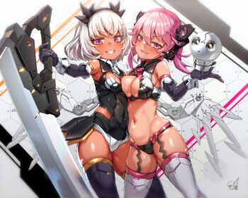 2girls 30_minutes_sisters asymmetrical_docking black_garter_straps black_hairband black_leotard black_shirt black_shorts blue_thighhighs breast_press breasts cleavage cleavage_cutout clothing_cutout collared_leotard collared_shirt commentary_request covered_navel cowboy_shot cropped_shirt dark-skinned_female dark_skin doyouwantto dual_persona elbow_gloves fang garter_straps gloves grin hairband headgear holding holding_skull holding_weapon ilshana_(30ms) large_breasts leotard looking_at_viewer mecha_musume mechanical_wings medium_hair micro_shorts midriff multiple_girls navel open_mouth pink_eyes pink_hair purple_gloves shirt shorts skindentation skull small_breasts smile thighhighs two-tone_shirt weapon white_hair white_shirt white_thighhighs white_wings white_wrist_cuffs wings wrist_cuffs