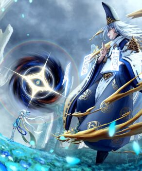 1girl 1other battle black_hat black_hole black_kimono blue_dress blue_eyes dress glowing hat heterochromia highres japanese_clothes kariginu kimono kuon_(shadowverse) long_hair long_sleeves ofuda pakanashi shadowverse shadowverse:_worlds_beyond tate_eboshi velharia_(shadowverse:_worlds_beyond) white_hair wide_sleeves yellow_eyes