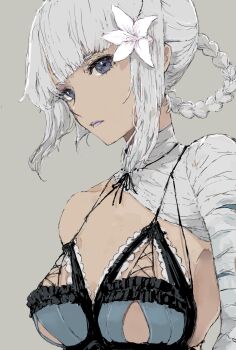 1girl bandaged_arm bandaged_neck bandages blue_negligee braid braided_hair_rings breasts closed_mouth flower grey_background grey_eyes hair_flower hair_ornament hair_rings highres kaine_(nier) lingerie long_hair medium_breasts negligee nier_(series) nutori_manga single_bare_shoulder solo underboob underwear upper_body white_flower white_hair