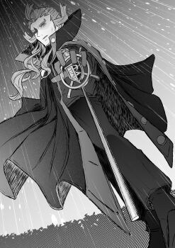 1boy absurdres black_cloak black_coat black_pants black_shoes clear_sky cloak coat cowboy_shot facing_to_the_side full_body ghetsis_(pokemon) gloves grey_gloves grey_hair hair_slicked_back high_collar highres holding holding_staff looking_down male_focus monochrome nintendo outdoors pants pokemon pokemon_bw2 rain scouter shoes sky staff user_xggc7488