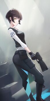 1girl absurdres artist_name black_gloves black_pants brown_eyes bulletproof_vest closed_mouth commentary gloves gun highres holding holding_gun holding_weapon pants police police_uniform psycho-pass shiro_font short_hair solo tsunemori_akane twitter_username weapon yellow_eyes