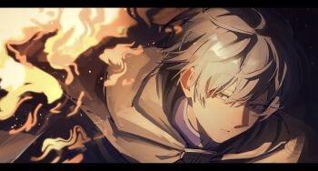 Rule 34 | 1boy, arc pic, blue shirt, cape, closed mouth, collared shirt, commentary request, double-parted bangs, embers, fire, grey cape, grey eyes, hair between eyes, highres, himmel (sousou no frieren), letterboxed, looking to the side, male focus, shirt, short hair, sideways glance, solo, sousou no frieren, watermark