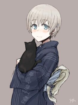 1girl 1other alternate_costume androgynous blue_eyes blue_kimono cat commentary_request cowboy_shot grey_background highres japanese_clothes kantai_collection kimono looking_at_viewer print_kimono short_hair silver_hair simple_background smile suzuya_kirie unsinkable_sam yukata z1_leberecht_maass_(kancolle)