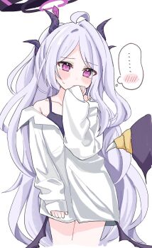 1girl ahoge black_halo blue_archive blush breasts demon_girl demon_horns demon_wings halo hina_(blue_archive) horns long_hair low_wings nifuji purple_eyes shirt simple_background small_breasts solo very_long_hair white_background white_hair white_shirt wings