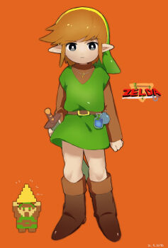 1boy belt blonde_hair bomb boots bottle brown_boots brown_shirt elf explosive green_hat green_shirt green_tunic hat highres holding jewelry key link necklace nintendo orange_background peke_(pixiv16140426) pointy_ears potion shirt sprite sword the_legend_of_zelda the_legend_of_zelda_(nes) triforce tunic weapon