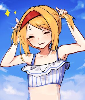 1girl :3 alice_margatroid bikini blonde_hair blue_sky blush closed_eyes closed_mouth cloud collarbone commentary cookie_(touhou) day flat_chest frilled_bikini frills hairband holding holding_own_hair outdoors red_hairband rikoyakumo short_hair sky smile solo sparkle swimsuit taisa_(cookie) touhou upper_body white_bikini