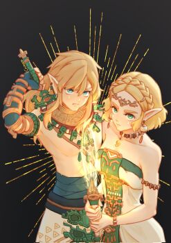 1boy 1girl armlet bare_shoulders blonde_hair blue_eyes bracelet braid chinese_commentary clenched_teeth commentary_request crown_braid dark_background dress earrings green_eyes highres holding holding_sword holding_weapon hyrule_warriors:_age_of_imprisonment jewelry lilysun1030 link magatama magatama_necklace necklace nintendo pointy_ears princess_zelda secret_stone short_hair sidelocks strapless strapless_dress sword teardrop_facial_mark teeth the_legend_of_zelda the_legend_of_zelda:_tears_of_the_kingdom topless_male weapon white_dress