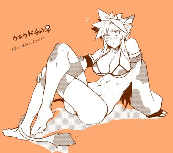 1girl abs alternate_costume alternate_hairstyle animal_costume animal_ears animal_print bikini blush breasts closed_mouth cloud_strife collar commentary_request covered_erect_nipples cow_costume cow_ears cow_print cow_print_bikini cow_print_thighhighs cow_tail crossed_legs detached_sleeves eyelashes final_fantasy final_fantasy_vii genderswap genderswap_(mtf) highres looking_to_the_side navel print_bikini print_thighhighs rukashio sitting spiked_hair sweatdrop swimsuit tail thighhighs thighs toned toned_female twitter_username venus_symbol