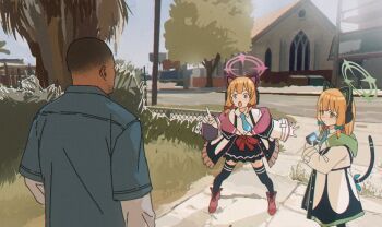 1boy 2girls animal_ear_headphones animal_ears argent_moon black_skirt black_thighhighs blonde_hair cat_ear_headphones cat_ears dark-skinned_male dark_skin fake_animal_ears franklin_clinton grand_theft_auto green_eyes halo headphones house jacket lamar_roasts_franklin_(meme) meme midori_(blue_archive) momoi_(blue_archive) multiple_girls open_clothes open_jacket pink_eyes short_hair skirt thighhighs tree white_jacket