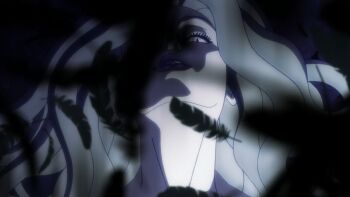 1girl animated animated_gif anime_screenshot berserk black_feathers black_wings breasts collarbone completely_nude eclipse evil_smile eyelashes fantasy feathers female_focus floating_hair giant giantess green_eyes green_hair highres huge_filesize large_breasts lips looking_at_viewer matching_hair/eyes mature_female neck night night_sky nude official_art outdoors pale_skin parted_bangs parted_lips sexually_suggestive sidelocks sky slan_(berserk) slit_pupils smile standing surreal tongue tongue_out topless_frame upper_body wavy_hair wings