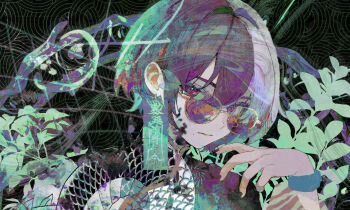 1girl black_nails branch closed_mouth dark_background earrings expressionless eyelashes flower hair_between_eyes hairband ham_melon_(iloha_24) highres jewelry leaf long_sleeves looking_at_viewer mole mole_under_mouth nail_polish original patterned_clothing purple-tinted_eyewear purple_eyes purple_hair purple_hairband salamander serious shirt short_hair single_earring sleeves_past_wrists solo sunglasses tinted_eyewear upper_body wristband