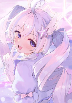 1girl :d absurdres ahoge auuufox blue_archive blush bow bowtie commentary drill_hair gloves hair_ornament highres looking_at_viewer looking_back magical_girl multicolored_hair official_alternate_costume official_alternate_hairstyle open_mouth pink_bow pink_hair puffy_short_sleeves puffy_sleeves purple_bow purple_bowtie purple_eyes purple_hair reisa_(blue_archive) reisa_(magical)_(blue_archive) short_sleeves smile solo star_(symbol) star_hair_ornament twin_drills two-tone_hair upper_body v white_gloves wing_hair_ornament