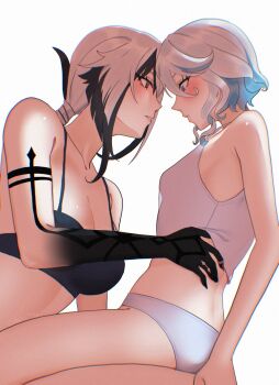 2girls aoiabyss arlecchino_(genshin_impact) black_bra black_eyes black_hands black_streaks blue_eyes blue_hair blue_panties bra breasts camisole cleavage colored_extremities colored_inner_hair commentary furina_(genshin_impact) genshin_impact highres large_breasts long_hair looking_at_another medium_hair multicolored_hair multiple_girls panties parted_lips ponytail red_pupils simple_background small_breasts symbol-shaped_pupils underwear white_background white_camisole white_hair x-shaped_pupils yuri