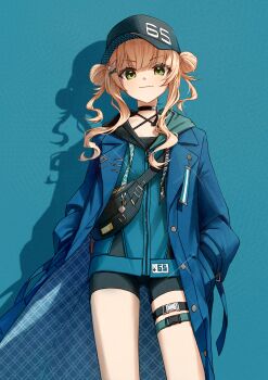 1girl absurdres aiguillette aqua_background aqua_jacket armillarphere_v baseball_cap bike_shorts black_shorts blonde_hair blunt_bangs bow choker coat cowboy_shot criss-cross_halter curly_sidelocks double_bun drawstring drop_shadow fanny_pack green_eyes hair_bow hair_bun hair_ornament hair_over_shoulder halterneck hands_in_pockets hat highres hood hood_down hooded_jacket jacket kaburaki_roco kaburaki_roco_(1st_costume) lapels long_sleeves looking_at_viewer medal nijisanji number_print shorts solo straight-on thigh_strap trench_coat two-sided_coat two-sided_fabric virtual_youtuber zipper zipper_pull_tab