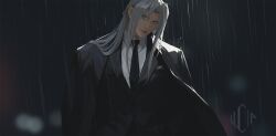 Rule 34 | 1boy, aqua eyes, black jacket, black necktie, black suit, blurry, blurry background, closed mouth, collared shirt, final fantasy, final fantasy vii, final fantasy vii rebirth, final fantasy vii remake, formal, grey hair, hair between eyes, highres, jacket, long bangs, long hair, looking at viewer, lucia hsiang, male focus, necktie, parted bangs, pocket square, rain, sephiroth, shirt, signature, solo, suit, suit jacket, upper body, waistcoat, white shirt