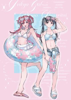 2girls bikini bikini_bottom_under_shorts bikini_under_clothes black_eyes blush breasts closed_mouth commentary copyright_name ear_piercing earrings grey_shorts heart heart-shaped_eyewear highres holding holding_water_gun inkya_gyaru_demo_ikigaritai! innertube jewelry kashiwagi_tsukiko kuran_arisa looking_at_viewer medium_breasts multiple_girls navel ogino_ichiko open_mouth piercing red_hair shorts slippers stomach sunglasses swim_ring swimsuit symbol-only_commentary symbol-shaped_pupils teeth twintails two_side_up upper_teeth_only water_gun white_bikini