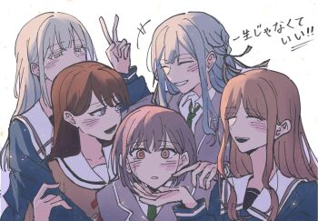 5girls bang_dream! bang_dream!_it's_mygo!!!!! blue_shirt blush brown_dress brown_hair collared_shirt commentary crychic_(bang_dream!) dress green_hair green_necktie grey_hair grey_jacket hanasakigawa_school_uniform haneoka_school_uniform hashtag-only_commentary highres jacket long_hair multiple_girls nagasaki_soyo necktie open_mouth pink_eyes purple_eyes sailor_collar sailor_dress school_uniform shiina_taki shirt short_hair simple_background smile takamatsu_tomori tears togawa_sakiko toto_rabpit3 translation_request tsukinomori_school_uniform two_side_up v wakaba_mutsumi white_background white_sailor_collar white_shirt yellow_eyes