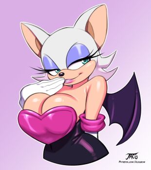 1girl animal_ears artist_name bat_ears bat_girl bat_wings blue_eyeshadow breasts cleavage commentary elbow_gloves english_commentary eyeshadow furry furry_female gloves gradient_background green_eyes jacogramc large_breasts looking_to_the_side makeup patreon_username pink_background rouge_the_bat solo sonic_(series) white_gloves wings