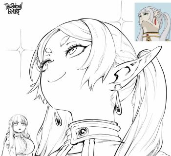 2girls breasts earrings elf fern_(sousou_no_frieren) frieren jewelry large_breasts looking_at_another monochrome multiple_girls pointy_ears reference_inset sousou_no_frieren teardrop_earrings the_golden_smurf upper_body