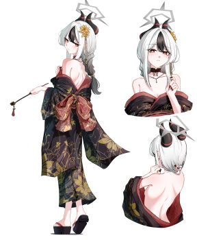 1girl absurdres adjusting_hair alternate_costume alternate_hairstyle back_bow bare_back bare_shoulders black_hair black_kimono black_nails black_sandals blue_archive blush bow breasts cleavage closed_mouth demon_girl demon_horns floral_print floral_print_kimono flower from_behind gradient_hair grey_halo hair_flower hair_ornament halo highres hit_by_hit holding holding_own_hair holding_smoking_pipe horns japanese_clothes kayoko_(blue_archive) kimono long_braid long_hair looking_at_viewer multicolored_hair no_socks okobo parted_lips platform_sandals print_kimono red_bow red_eyes red_sash sandals sash sidelocks smoking_pipe solo two-tone_hair white_hair yellow_flower
