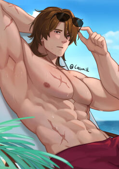 1boy abs absurdres arm_up armpits brown_eyes brown_hair eyewear_on_head gallagher_(honkai:_star_rail) highres honkai:_star_rail honkai_(series) kirene88 male_focus male_swimwear muscular muscular_male navel nipples open_mouth red_male_swimwear scar scar_on_arm scar_on_chest solo stomach sunglasses topless_male