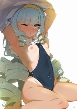 1girl absurdres armpits arms_up blue_eyes blue_hair blush clothes_pull covered_navel curly_hair curly_sidelocks from_side hairband hdukl highres jelly_hoshiumi loli long_hair looking_at_viewer multicolored_hair nipples one-piece_swimsuit_pull one_eye_closed partially_undressed phase_connect simple_background sitting solo streaked_hair sweat swimsuit tan tanline thick_thighs thighs very_long_hair virtual_youtuber wariza white_background yellow_hairband
