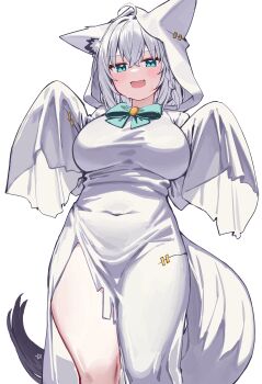 1girl absurdres alternate_costume animal_ears aqua_eyes breasts deaver fox_ears fox_tail ghost_costume halloween highres hololive large_breasts looking_at_viewer open_mouth pentagram shirakami_fubuki solo tail virtual_youtuber