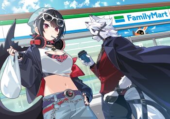 1boy 1girl animal_ears bag belt black_hair black_jacket breasts cloud commentary_request convenience_store crop_top cup day denim ellen_joe eyewear_on_head familymart fins fish_tail furry furry_male guest_art hand_in_pocket hat headphones headphones_around_neck holding holding_cup jacket jeans jewelry lollipop_in_mouth looking_at_viewer midriff necklace open_clothes open_jacket outdoors pants plastic_bag red_eyes red_hair ring shark_girl shark_tail shop short_hair sign sky sunglasses tail tobi_(kotetsu) von_lycaon white_hair wolf_boy wolf_ears wolf_tail zenless_zone_zero