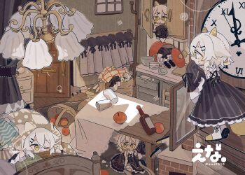 6+girls absurdres analog_clock apple artist_name bed black_dress boots bottle clock commentary cooking_pot cup door double-parted_bangs dress drinking_glass ena_1510 food frilled_dress frills fruit full_body goat_girl goat_horns hair_between_eyes hide_and_seek highres horizontal_pupils horns in_container in_pot indoors lamp long_sleeves multiple_girls original parted_bangs short_hair sleeves_past_fingers sleeves_past_wrists standing striped_clothes striped_dress table twitter_username white_boots white_hair