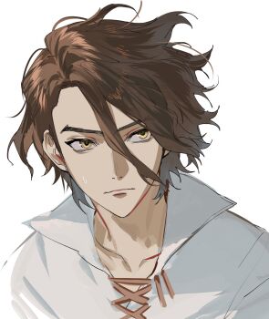 1boy brown_hair closed_mouth dr._stone hair_between_eyes highres kaohom503_2 looking_to_the_side male_focus nanami_sai portrait shirt short_hair simple_background solo white_background white_shirt yellow_eyes