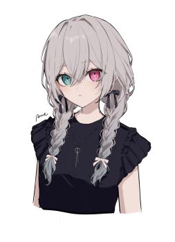 1girl 25-ji_miku :< ame_(harusame) aqua_eyes artist_name black_bow black_shirt blush bow bow_earrings braid breasts closed_mouth commentary cropped_torso crossed_bangs earrings expressionless frilled_sleeves frills grey_hair hair_between_eyes hair_bow hatsune_miku heterochromia highres jewelry long_hair looking_at_viewer low_twin_braids necklace official_alternate_costume official_alternate_hair_length official_alternate_hairstyle pink_eyes project_sekai shirt short_sleeves sidelocks simple_background small_breasts solo twin_braids upper_body vocaloid white_background white_bow zozotown