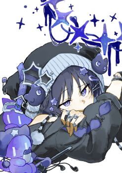 Rule 34 | 1boy, alternate costume, animal ear headwear, arm cutout, beanie, black hair, black hat, black shirt, black sleeves, casual, cat hat ornament, clothing cutout, clothing request, contemporary, fake animal ears, genshin impact, hair ornament, hairclip, half-closed eyes, hand on own arm, hat, highres, kingyo (nyankomanjyuu15), layered sleeves, lying, male focus, on stomach, purple eyes, purple pupils, purple sleeves, ribbed hat, safety pin, scaramouche (genshin impact), shirt, silver ring, single bare shoulder, solo, star (symbol), star hair ornament, star ring, stuffed toy, three-quarter sleeves, too many rings, white background, wispy bangs