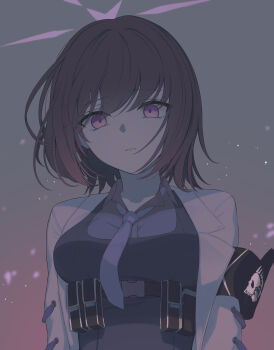 1girl absurdres armband black_armband black_dress blue_archive breasts brown_hair closed_mouth commentary dress dress_over_shirt empty_eyes halo highres jacket kotokoto_(pixiv_105451061) looking_at_viewer necktie purple_eyes purple_halo purple_necktie purple_shirt shirt short_hair solo subaru_(blue_archive) upper_body white_jacket
