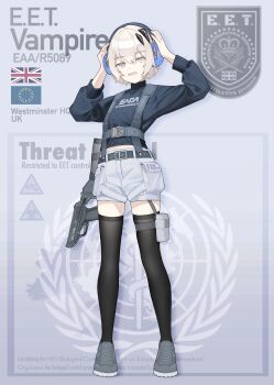 1girl absurdres belt belt_buckle biohazard_symbol black_belt black_sweater black_thighhighs buckle cargo_shorts character_name chest_harness clothes_writing commentary ear_protection english_commentary english_text fingernails flag full_body gradient_background grey_background grey_eyes grey_hair grey_shoes gun h&amp;k_vp70 hair_ornament handgun hands_up harness heterochromia highres jerry_wang long_sleeves open_mouth original pink_eyes pouch shoes short_hair shorts sign simple_background skindentation snap-fit_buckle solo standing sweater thigh_pouch thighhighs turtleneck turtleneck_sweater union_jack united_kingdom warning_sign weapon white_hair white_shorts