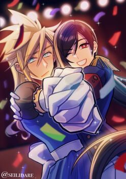 1boy 1girl alternate_costume aristocratic_clothes arm_around_shoulder back_bow black_hair blonde_hair blue_coat blue_dress blue_eyes blurry blurry_background blurry_foreground bow closed_mouth cloud_strife coat commentary confetti crossdressing crossdressing_(ftm) crossdressing_(mtf) dancing dress english_commentary epaulettes final_fantasy final_fantasy_vii final_fantasy_vii_remake gloves hair_between_eyes hand_on_another's_shoulder highres holding_hands interlocked_fingers long_hair looking_at_viewer military_coat one_eye_closed outstretched_arm parted_lips puffy_short_sleeves puffy_sleeves red_eyes sash seilidare short_sleeves sparkle spiked_hair stage_lights tifa_lockhart twitter_username upper_body very_long_hair white_gloves