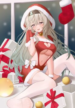 1girl absurdres alternate_costume box breasts cleavage commentary english_commentary fingerless_gloves firefly_(honkai:_star_rail) gift gift_box gloves hand_up hat highres honkai:_star_rail honkai_(series) indoors kebi_(soo_owl) knee_up large_breasts long_hair looking_at_viewer navel open_mouth red_gloves santa_hat sitting smile solo stomach thighhighs white_thighhighs