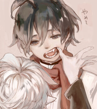 2boys 3838383 ahoge almaz_von_almadine_adamant bad_id bad_pixiv_id black_hair disgaea lowres makai_senki_disgaea_3 male_focus mao_(disgaea) mouth_pull multiple_boys scarf teeth white_hair