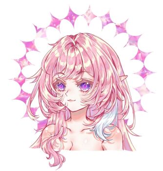 1girl breasts cleavage commentary cropped_torso cyrene_(honkai:_star_rail) cyrene_(ripples_of_past_reverie)_(honkai:_star_rail) diamond-shaped_pupils diamond_(shape) dola_ramun english_commentary halo honkai:_star_rail honkai_(series) large_breasts long_hair looking_at_viewer multicolored_hair pink_hair purple_eyes simple_background solo symbol-shaped_pupils topless_female two-tone_hair very_long_hair white_background white_hair